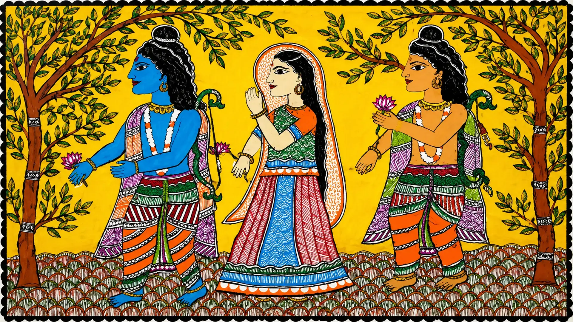 Traditional Mithila painting with three figures