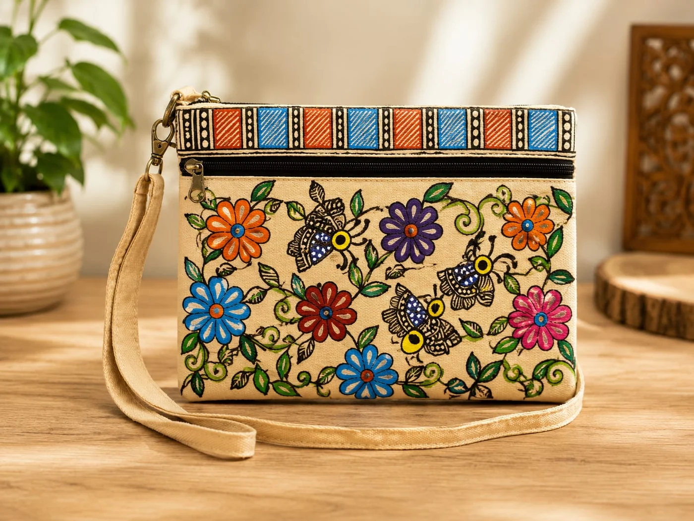 Hand-painted floral bee sling bag