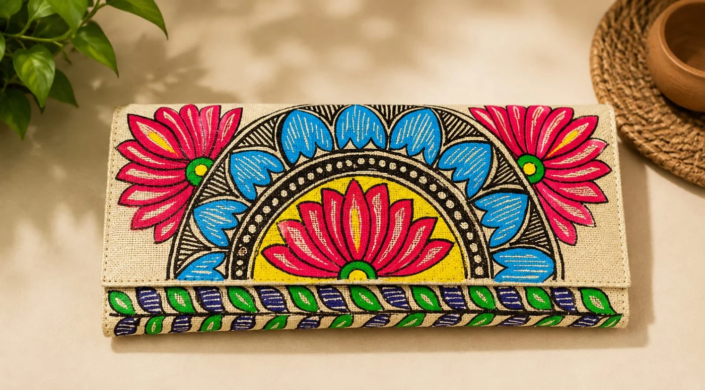 Lotus hand-painted jute clutch