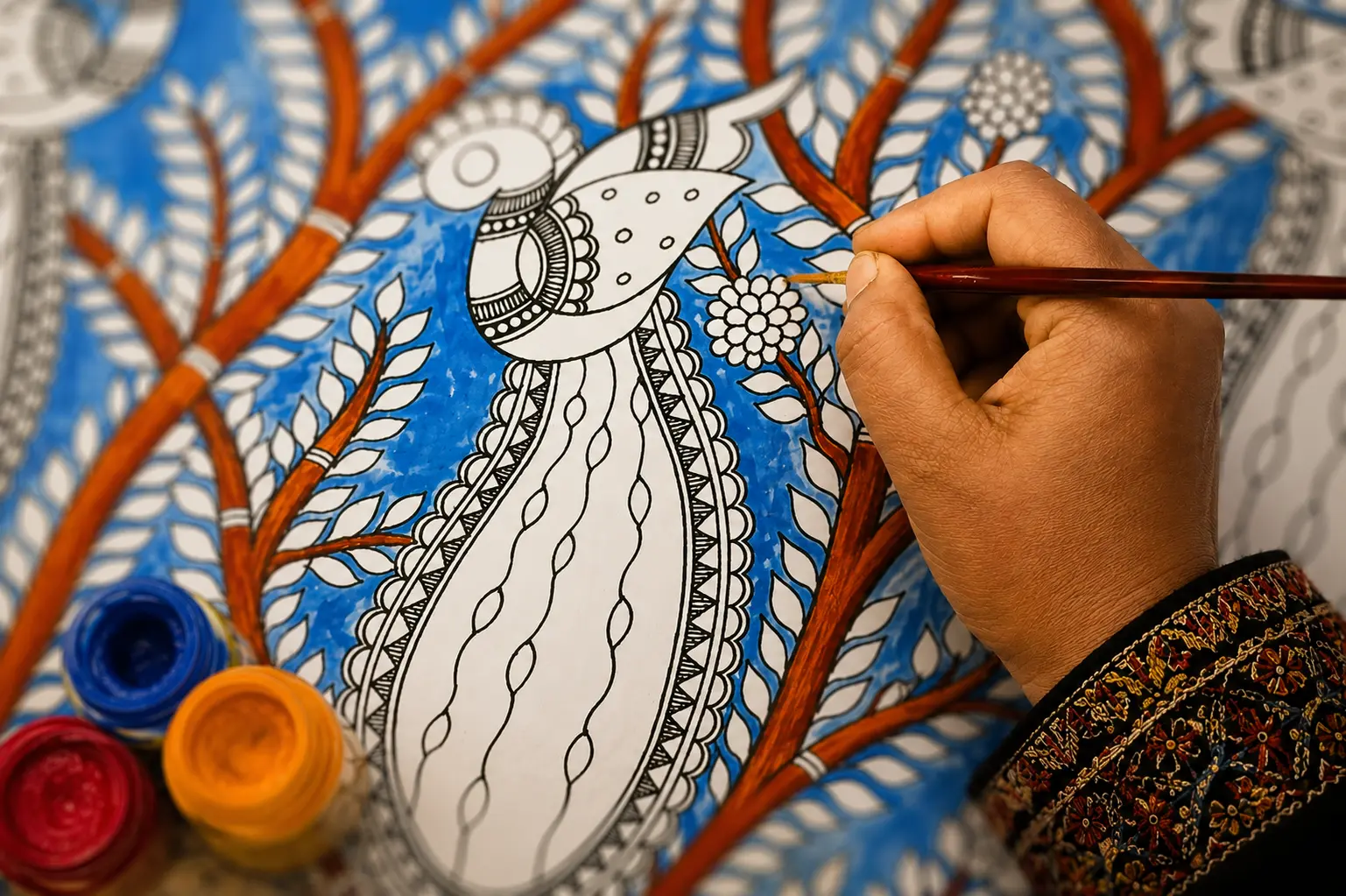 Artist painting intricate Mithila details by hand